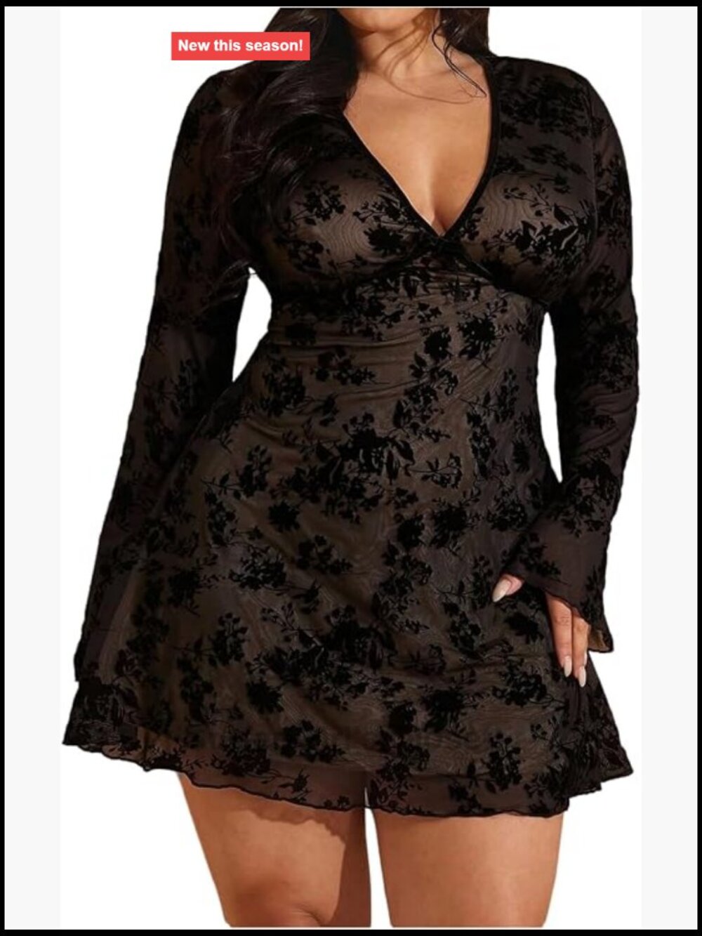 Plus Size A-Line Mini Dress Bell Sleeve V-Neck Floral Mesh Ruffle